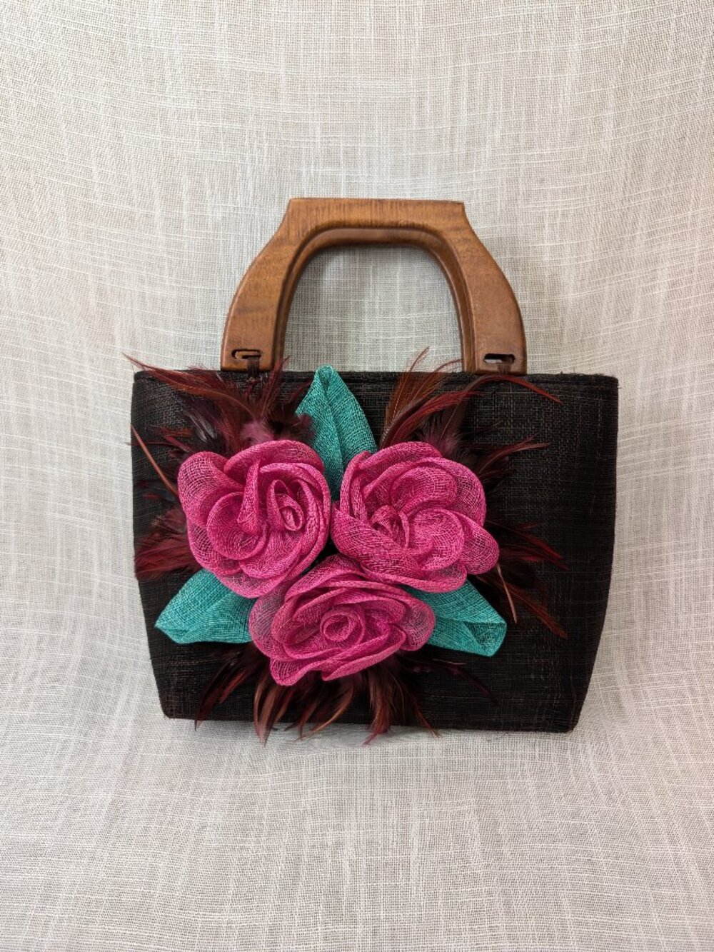 Unique Embroidered Handbag Flower, Feathers & Wooden Handles